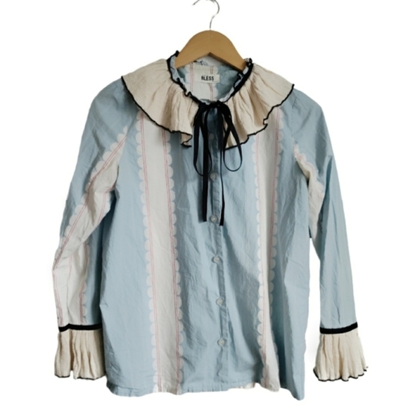 DARK ALICE Tie Collar Blouse Costume Shirt Small Light Blue Cream Small - Picture 3 of 9